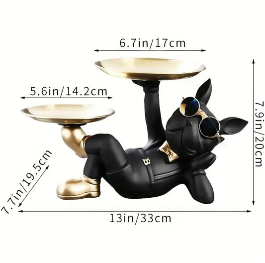 Resin French Bulldog Statue with Dual Storage Trays – Decorative Tabletop Organizer for Keys, Snacks, Jewelry & Accessories – Stylish Home Decor for Entryway, Office, or Living Room